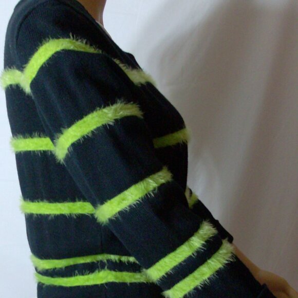J.J. Basics Black sweater with Lime Green Fur/Fuzzy Stripes Size L - Picture 4 of 11